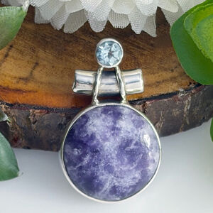 Sterling Silver 925 Blue Topaz and Purple Lepidolite Gemstone Pendant New
